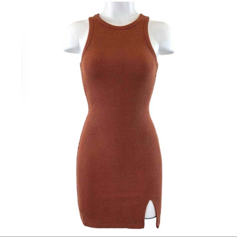Semi-Annual Sale|Brown Ribbed Mini Dress|New